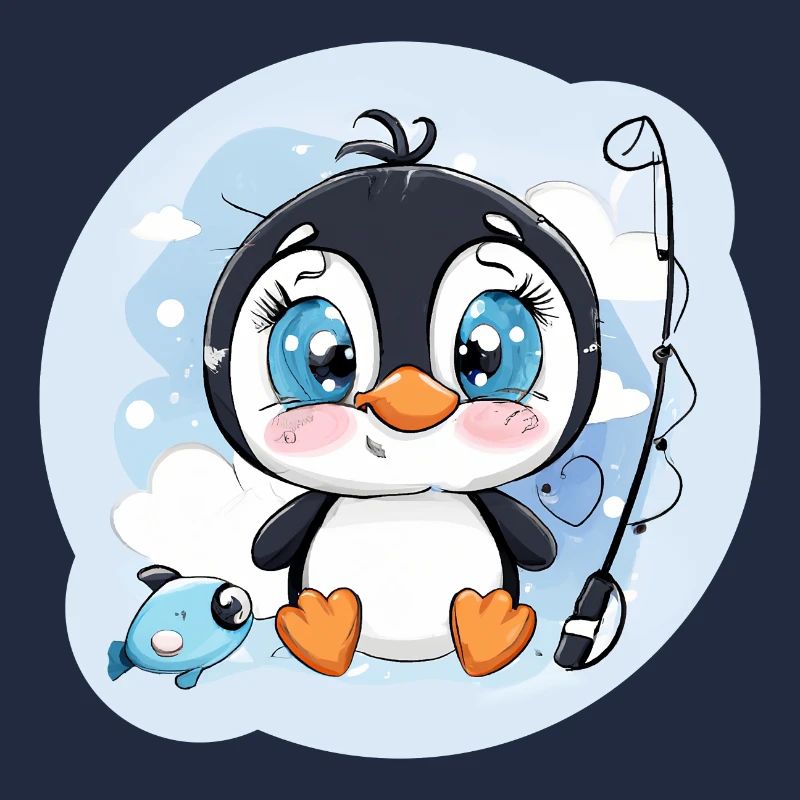 Mignon bébé pingouin avec une canne à pêche