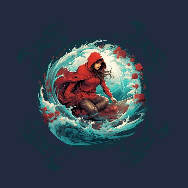 Le Petit Chaperon Rouge surfant sur planche de surf, loup sur vague