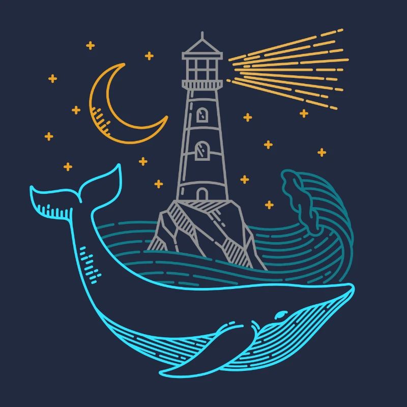 Baleine avec nuit de phare avec lune et clair de lune