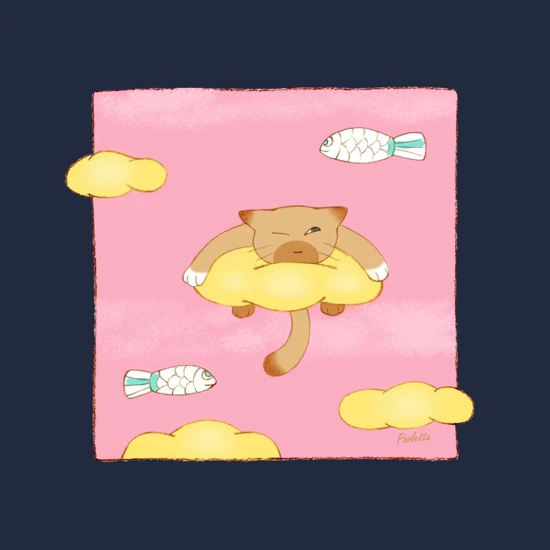 Cat on clouds with outstretched fish