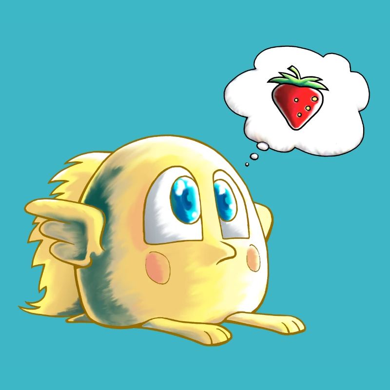 small chick looking for a strawberry