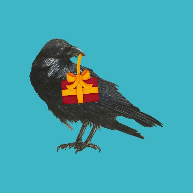 Raven crow with gift in its beak