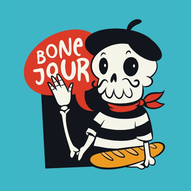 French Skeleton Cartoon With Bone Jour Saying
