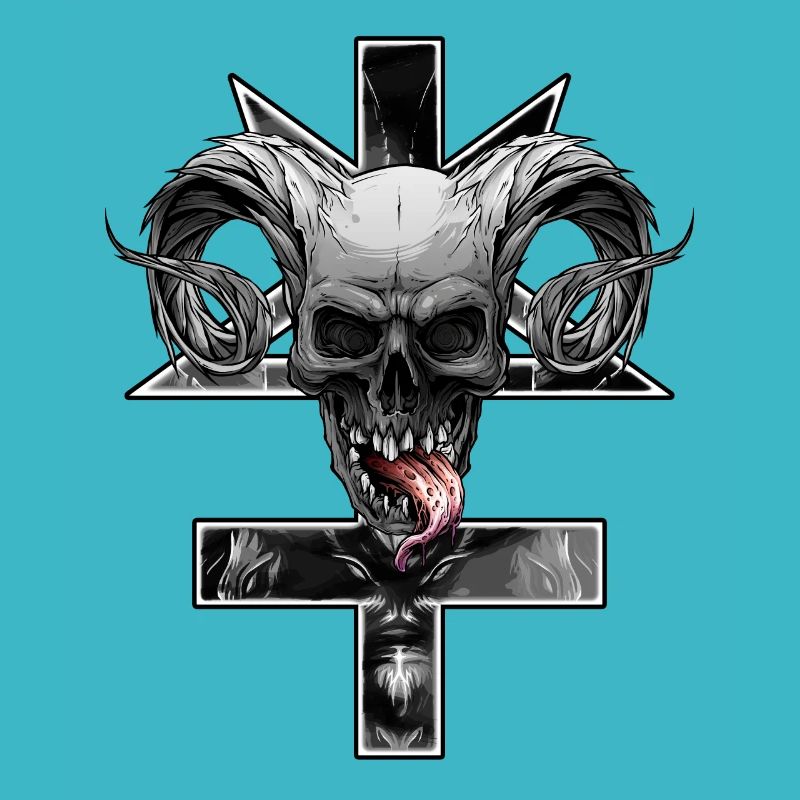Inverted cross with pentagram and skull