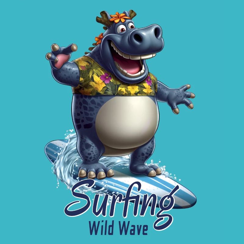 Drôle d’hippopotame avec une planche de surf - surfeur