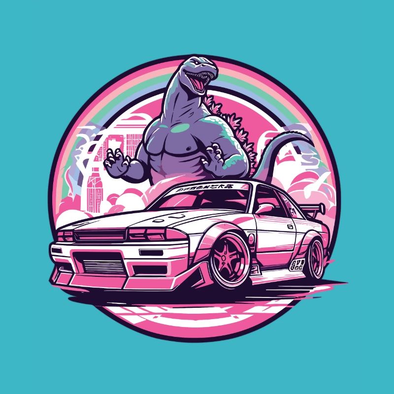 Auto im japanischen Stil hinter Monster und Regenbogen, JDM