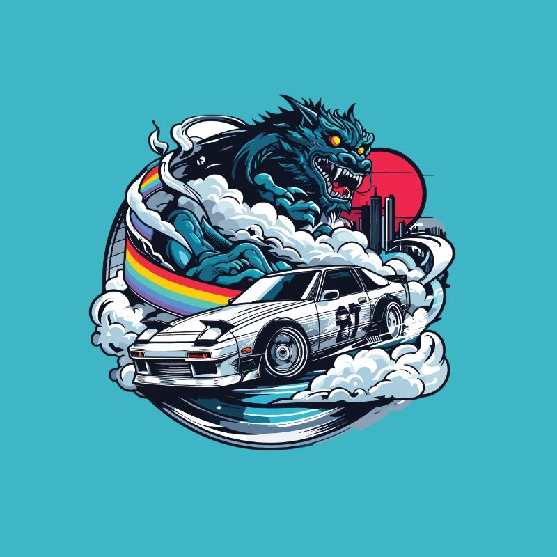 Auto im japanischen Stil hinter Monster und Regenbogen, JDM