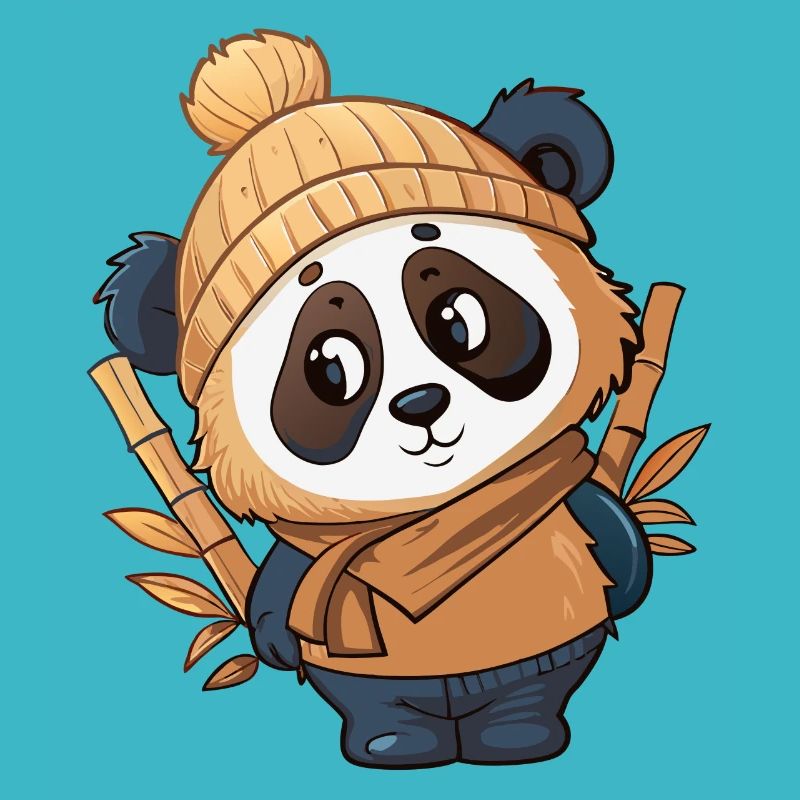 Panda mignon avec écharpe et chapeau à pompon.