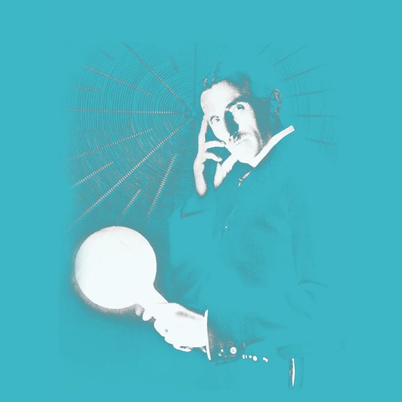 Nikola Tesla mit Glühbirne und Teslaspule