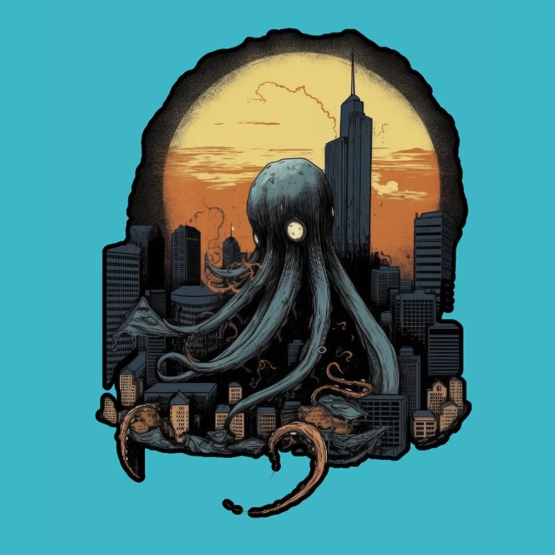 Giant Octopus Squid atacking the city on a sunset