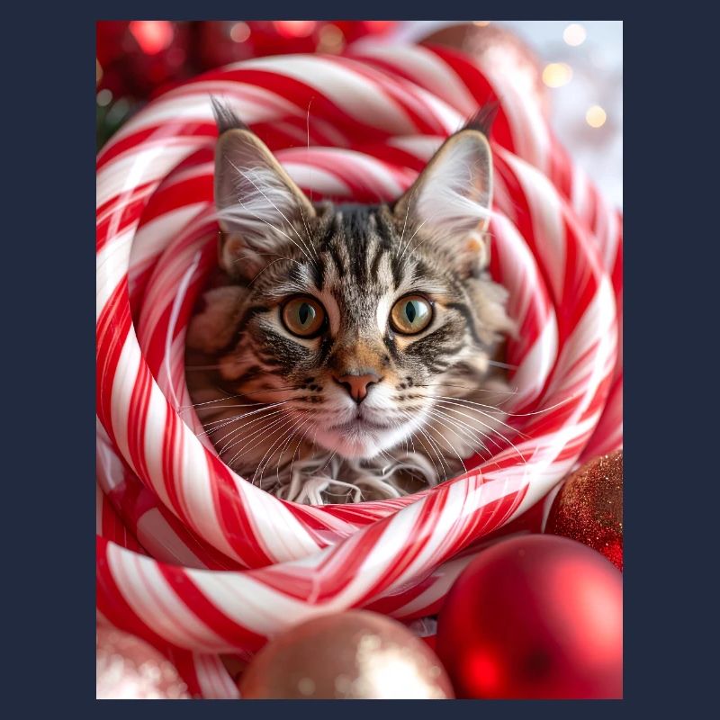 Christmas cat between candy sticks