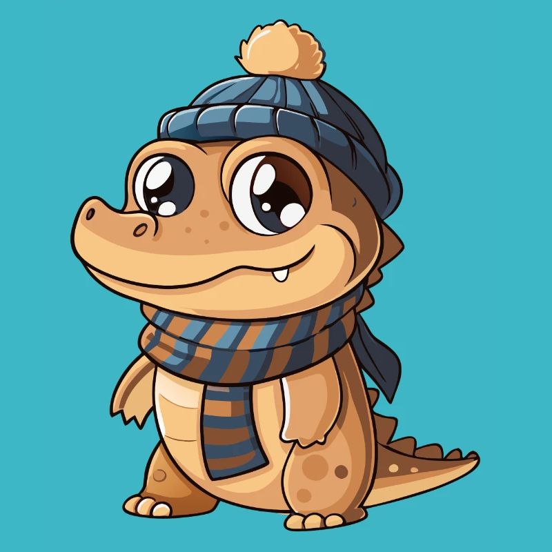 Cute crocodile with scarf and bobble hat.