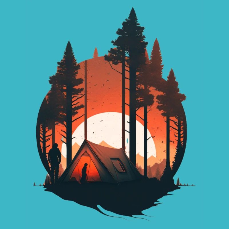 Tent in the forest with sunset