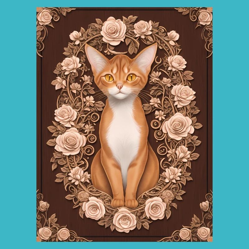 Holzschnitt einer Katze mit Rosenkranz