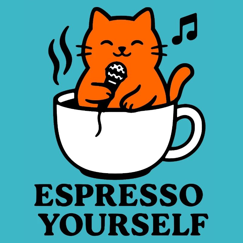 Red cat, espresso cup, coffee, singing, express