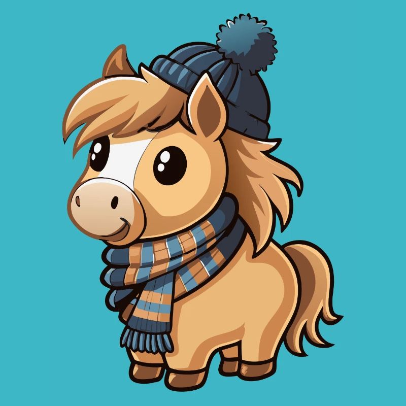 Poney mignon avec écharpe et chapeau à pompon.