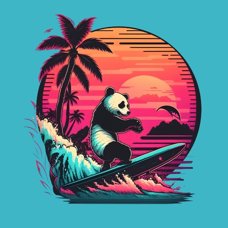 Synthwave surfing Panda Sunset