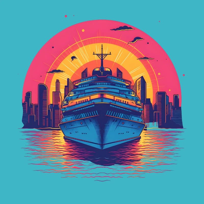 Synthwave cruise ship sunset