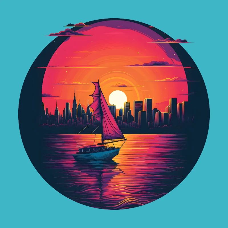 Synthwave sailing ship sunset