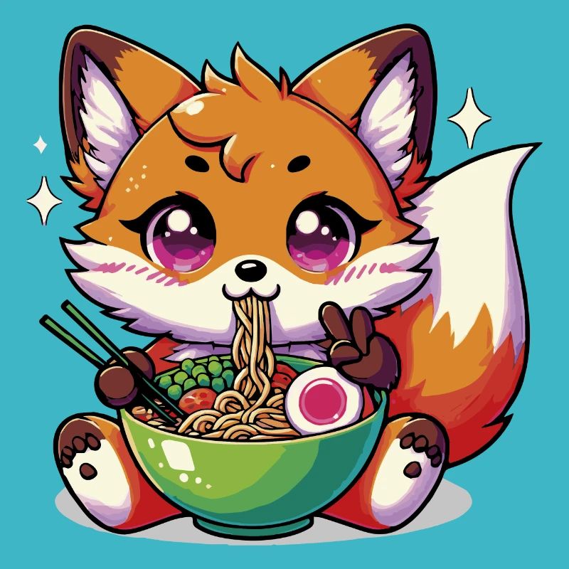 Cute Kawaii Fox eating Ramen 1