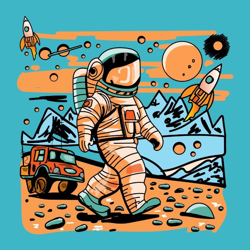 Astronaute de l’espace marchant dans une planète extraterrestre et une fusée