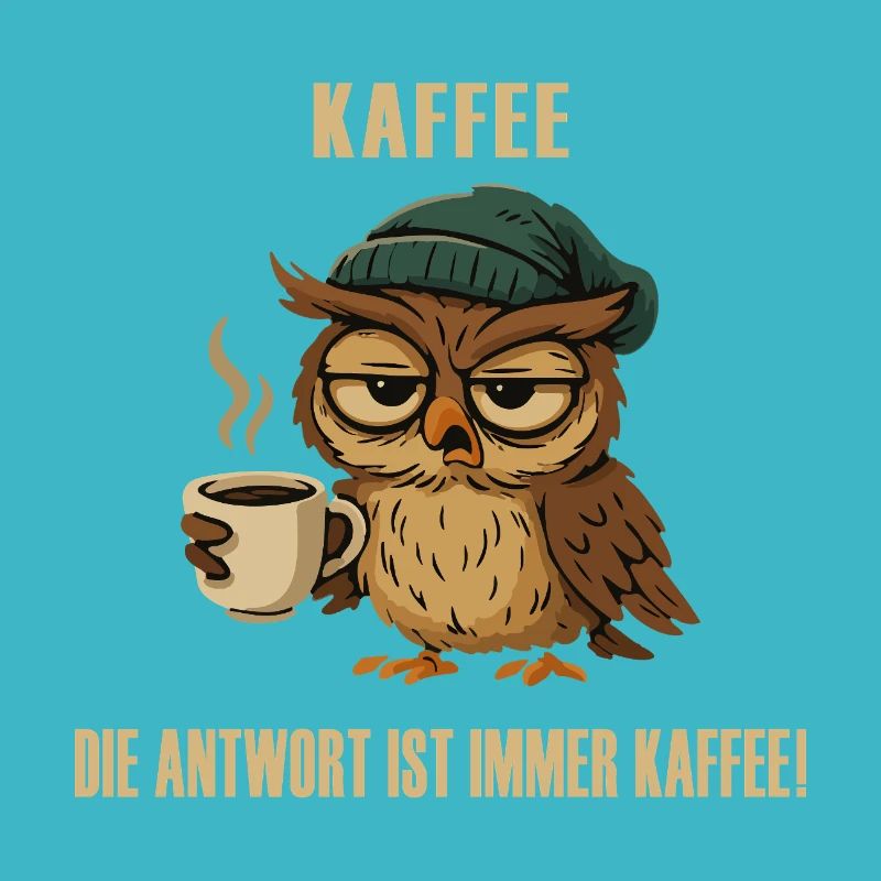 Müde Eule mit Kaffee – lustiger Spruch.