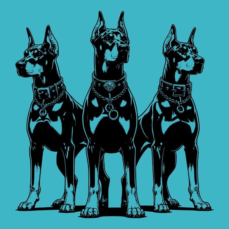 Three Dobermans dogs alert and attentive