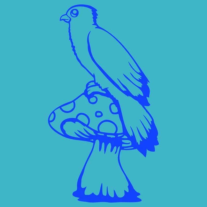 Bird sitting cute big mushroom dots toadstool