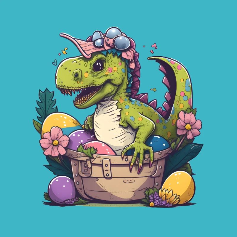 Dino in an Easter basket with Easter eggs