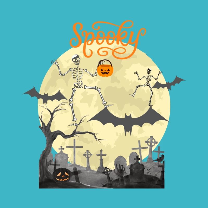Spooky Dancing Skeletons Bats Moon Pumpkin