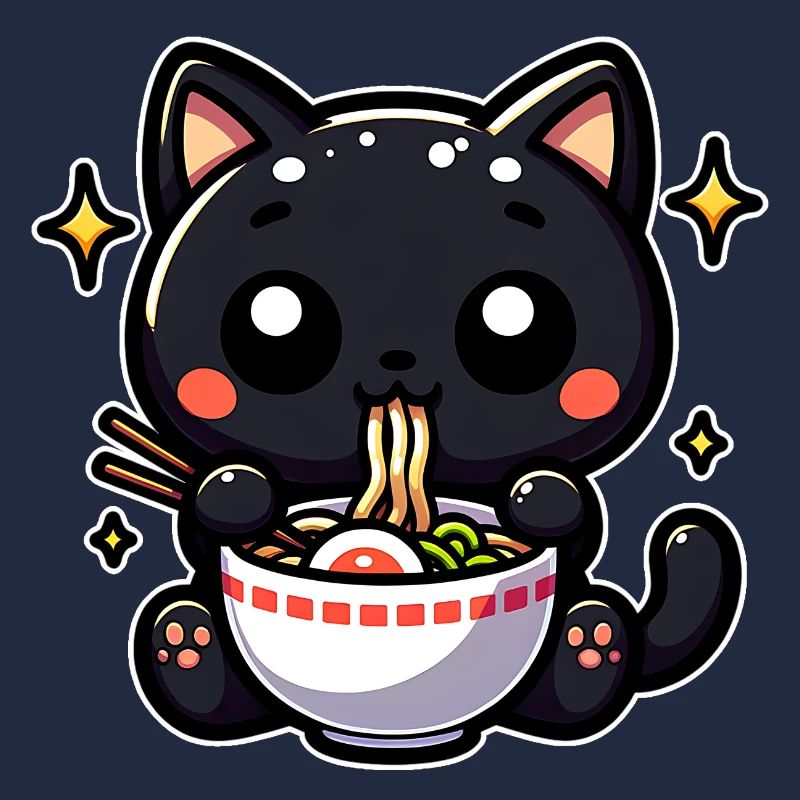 Black Cat Eats Ramen Noodle Soup Stars