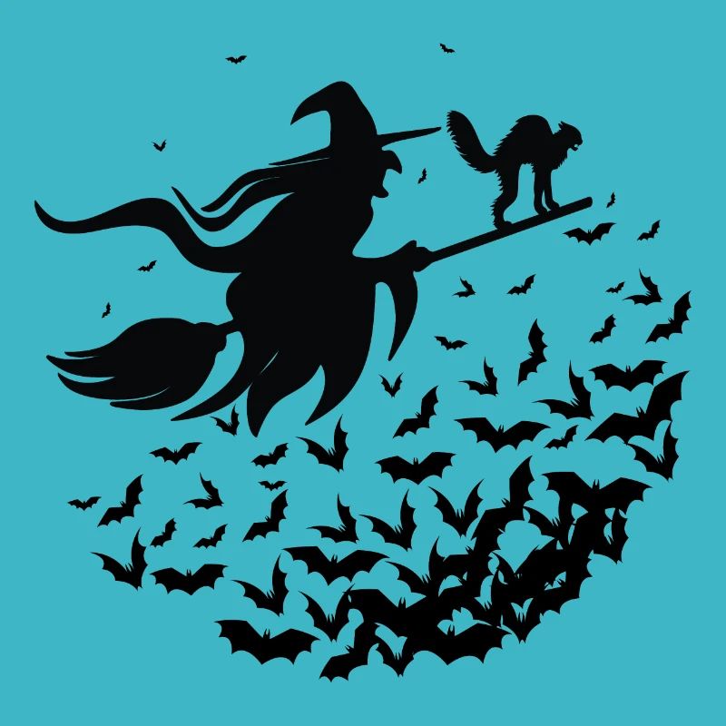 Sorcière et son chat sur son Balai - Halloween