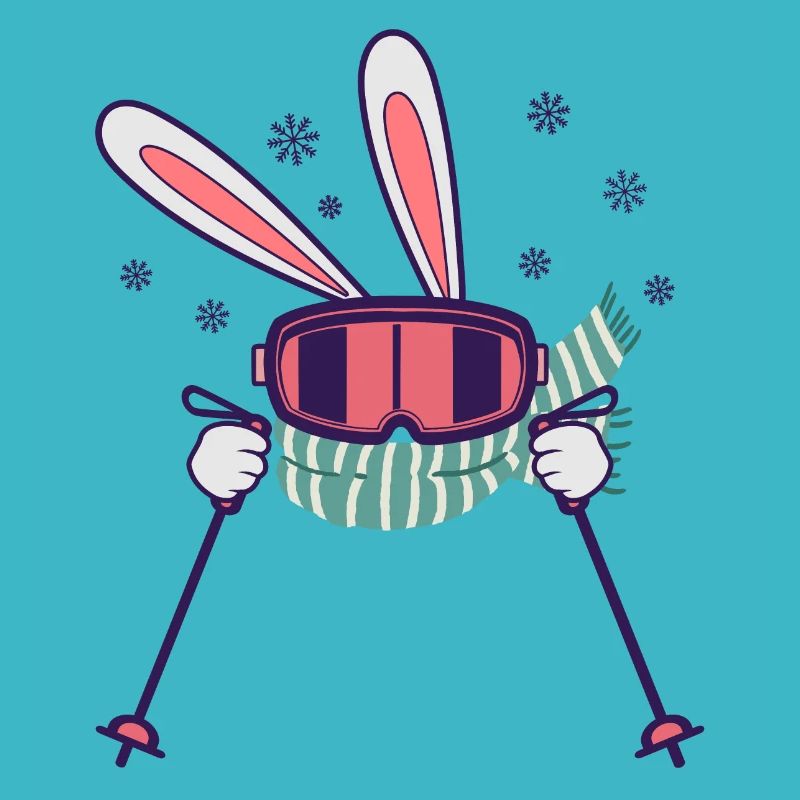 Skiing Rabbit with ski poles ski goggles scarf