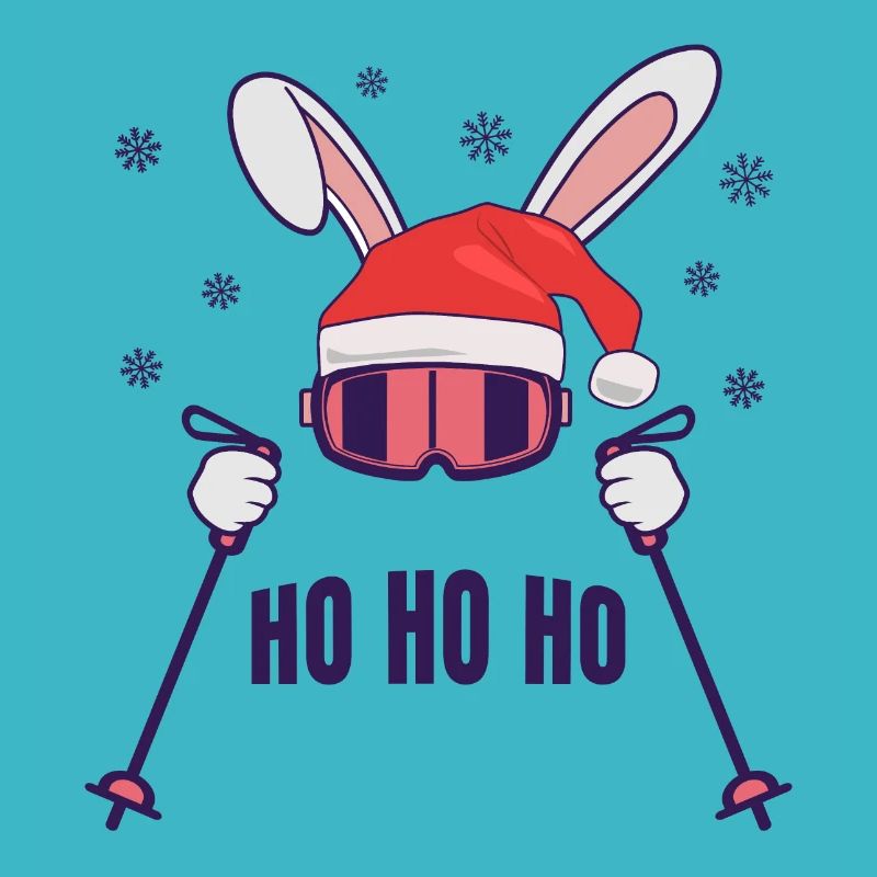Skiing Santa Rabbit with Santa Hat and ski poles