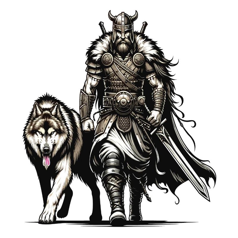 A Viking warrior with his wild wolf.