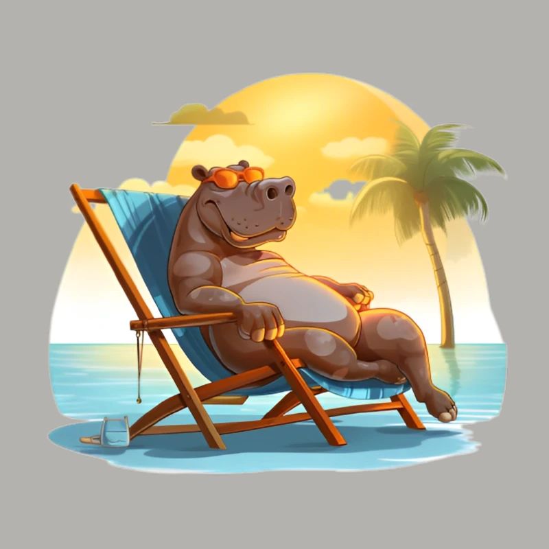 sich im Liegestuhl sonnendes Nilpferd am Strand