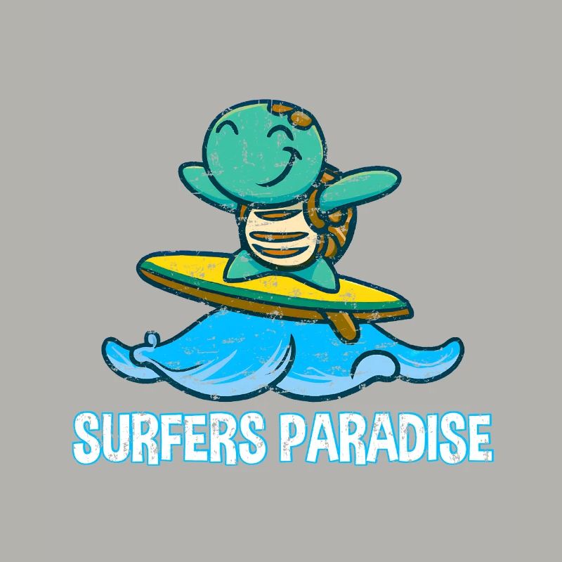 Cute kawaii turtle on surfboard with surfers