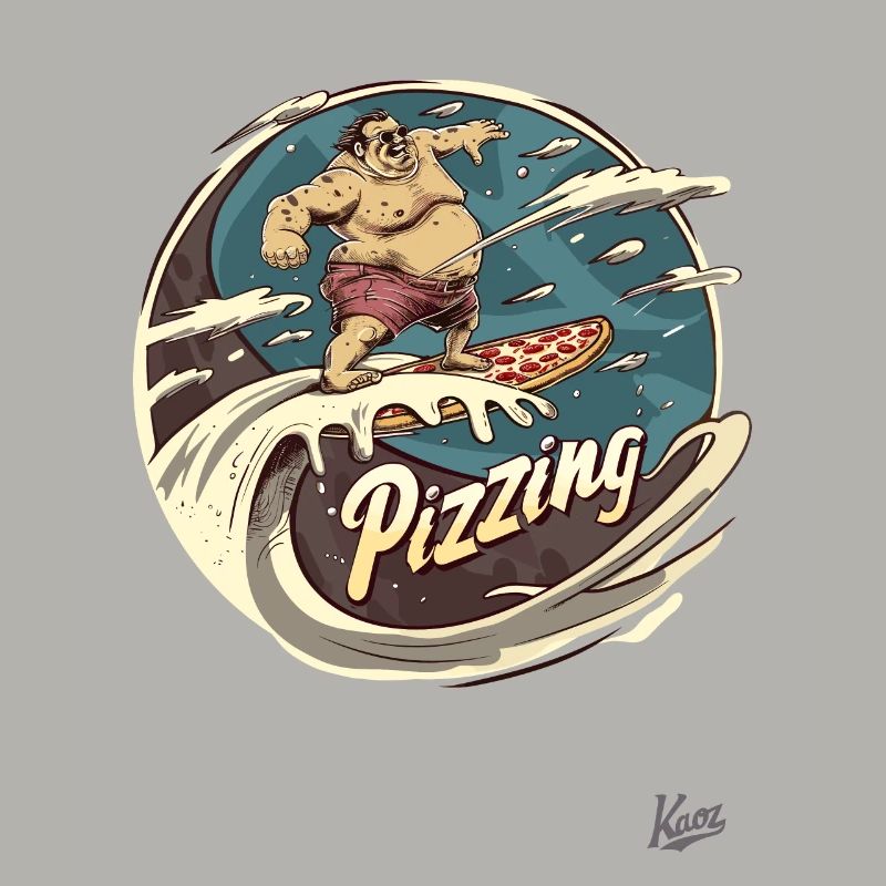 Big surfer guy surfing on a pizza wave