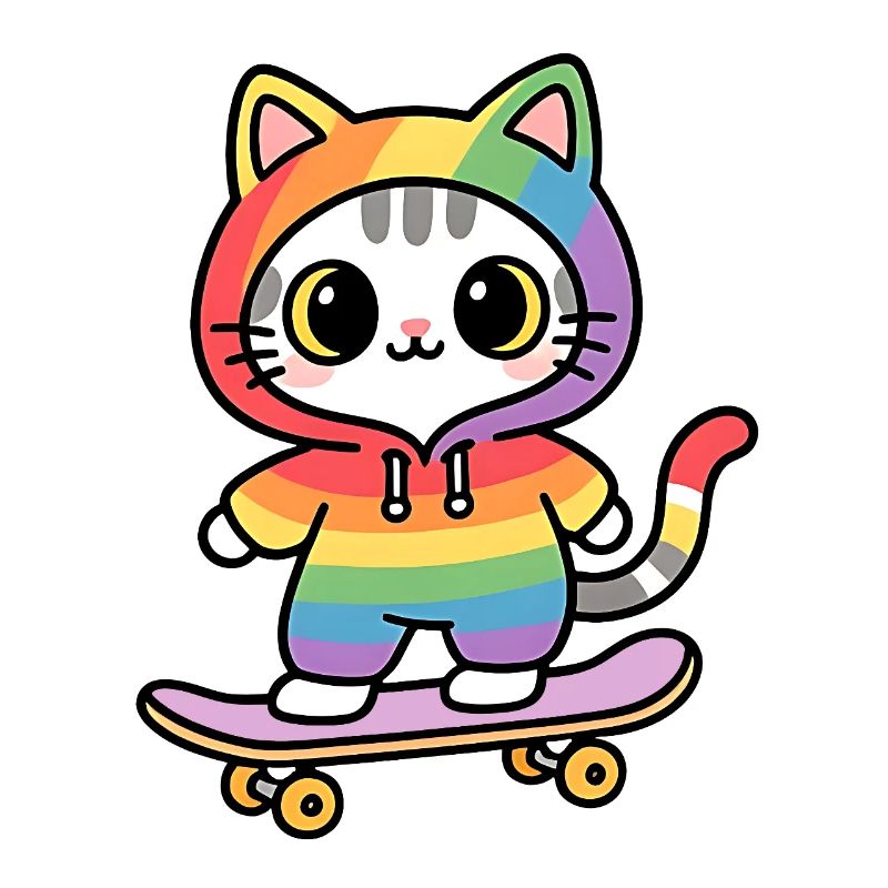 Regenbogenkatze auf Skateboard