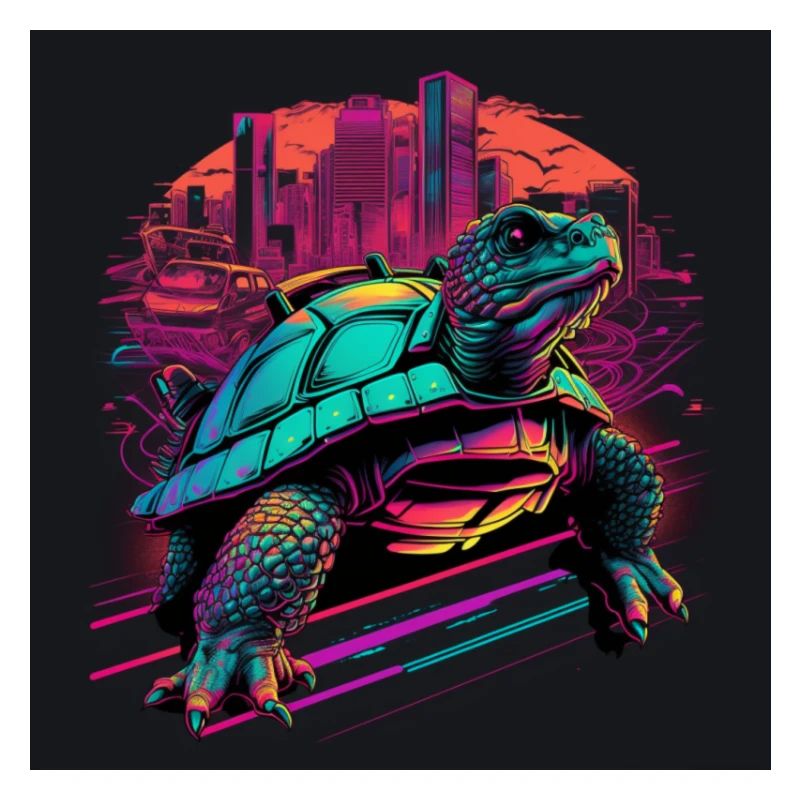 Schildkröte in Neonfarben 80er Synthwave Style