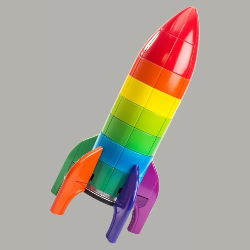 A colorful rocket on an inclined trajectory