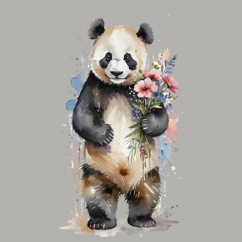 Gentil géant avec des fleurs - Aquarelle Panda