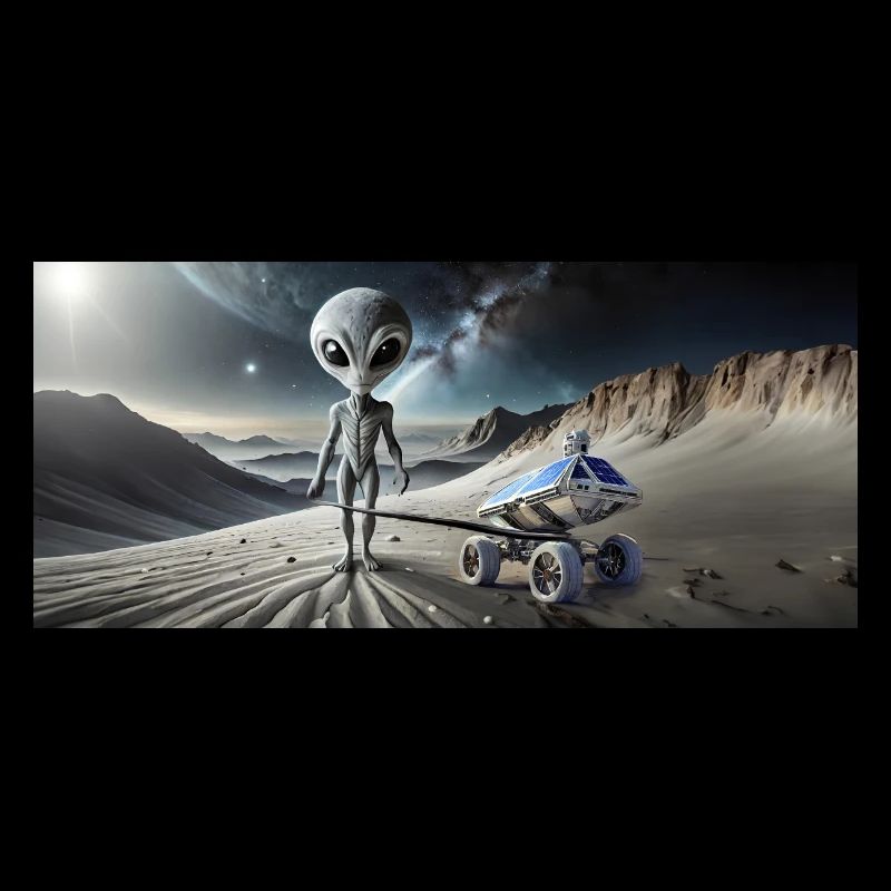 grey alien on the moon surface – kissing couple
