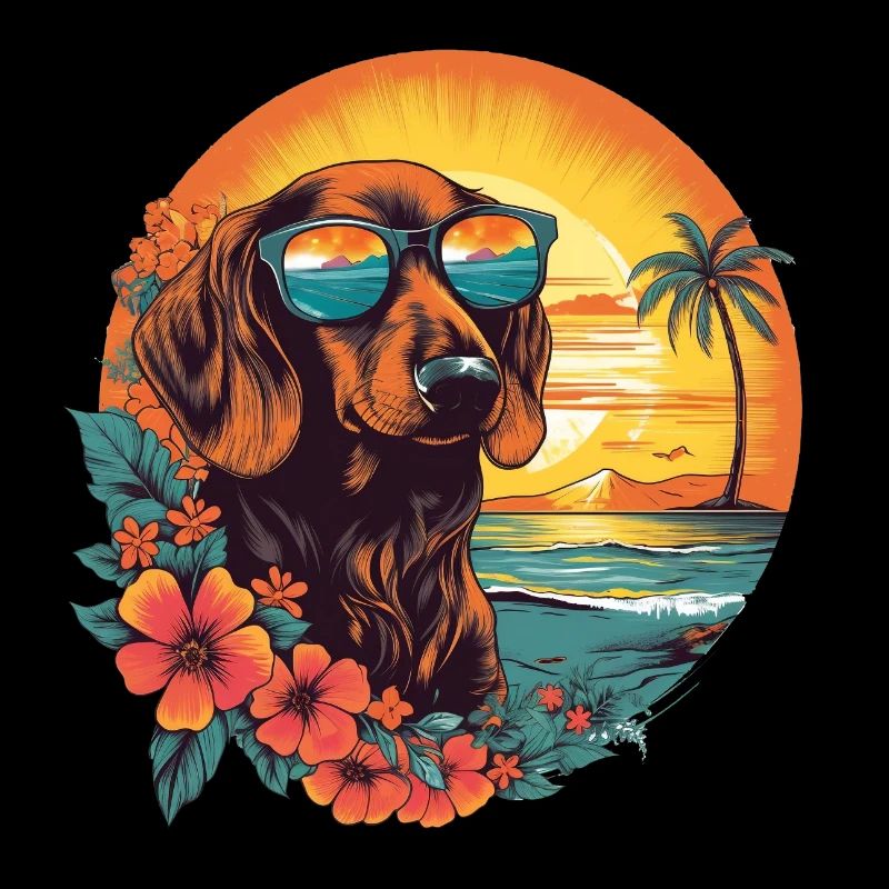Bunter Dackel mit Sonnenbrille am Strand