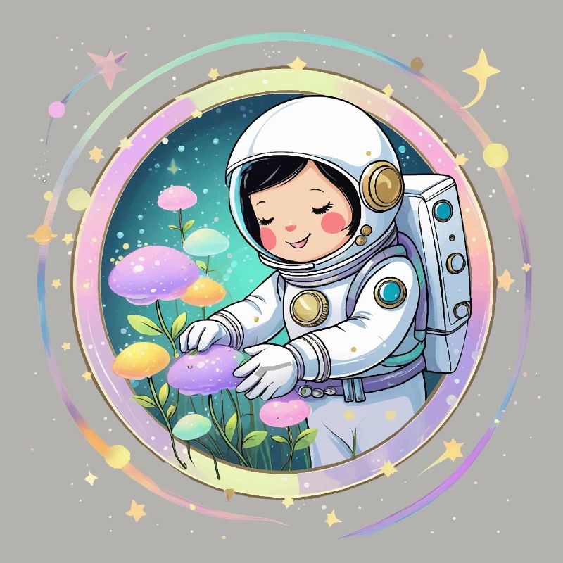 Fille astronaute avec des champignons - Conception spatiale mignonne