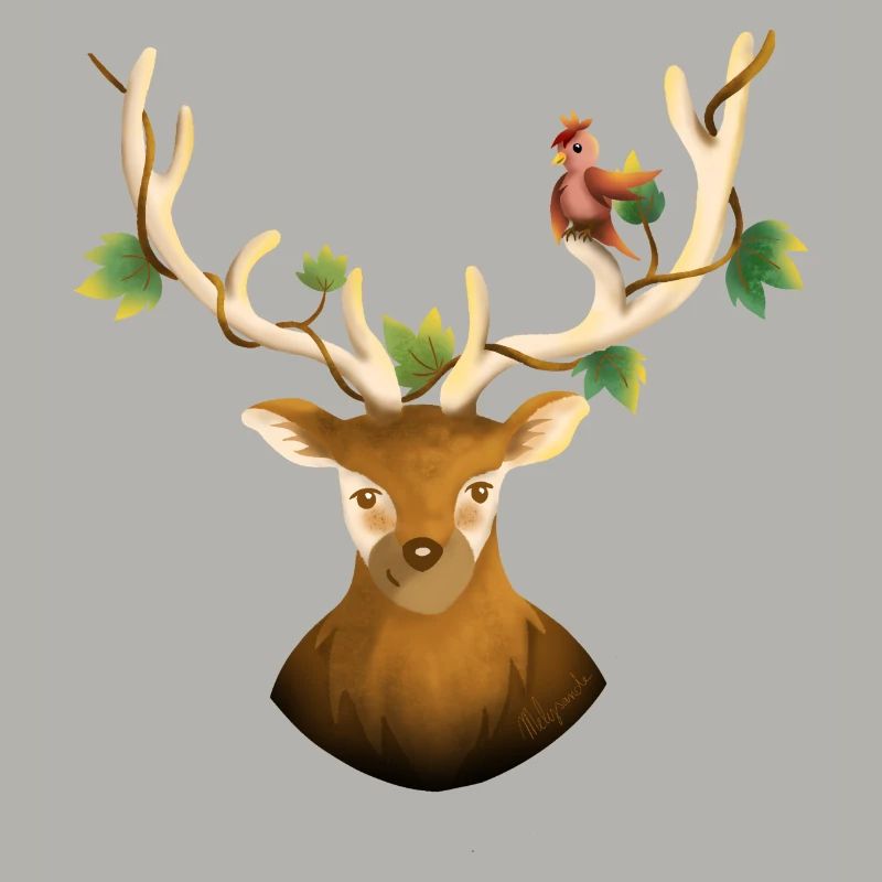 Hirsch oder Waldrentier mit Vogel und Efeu