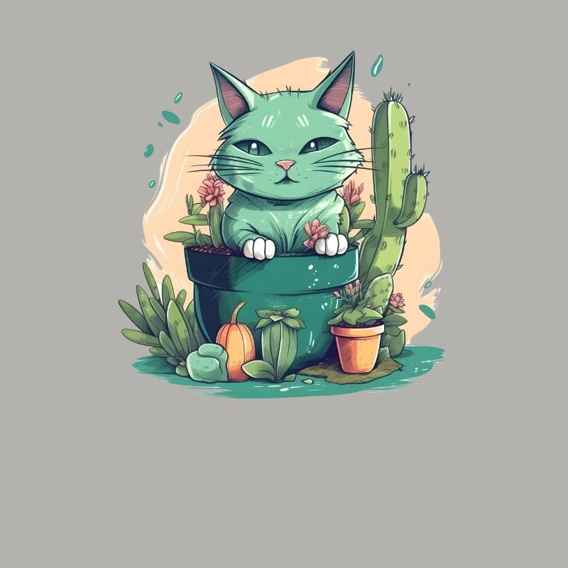 Chat vert en pot de fleurs avec cactus et citrouille