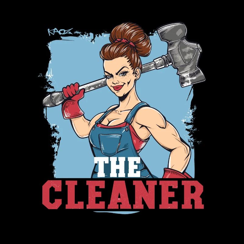 A cleaning lady with a big hammer