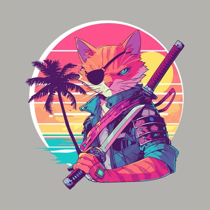 Cat Samurai 80er Vintage Stil