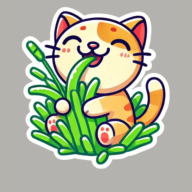 Chat roux mignon mangeant de l’herbe verte